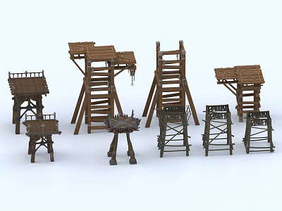 Wood and Stone Handcrafted Decorative Structures with Various Intricate Design Elements 3d model