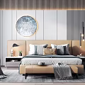Modern Bedroom Background Double Bed With Beige Headboard Multiple Pillows Circular Wall Art And Bench 3d model