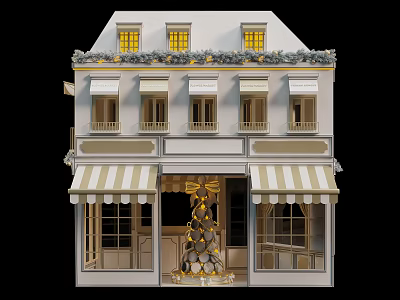 Christmas Decorated Shop Exterior Building With Striped Awning White Shutters And Festive Lights 3d model