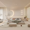 Modern Minimalist Bedroom Interior With Soft Rug Circular Light And Window Chair