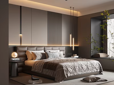 Modern Bedroom With Dark Headboard Wall Vertical Striped Accent Wall Lights Pillows And Soft Lighting 3d model