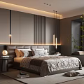 Modern Bedroom With Dark Headboard Wall Vertical Striped Accent Wall Lights Pillows And Soft Lighting