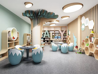 Colorful Children's Playroom Interior With Egg Shaped Seats And Wooden Bookshelves 3d model