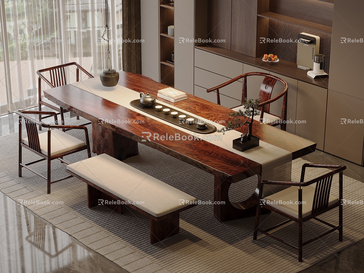 New Chinese Style Tea Room Solid Wood Tea Table and Chair Combination Tea-making Table Tea Product Tea Area Tea Tray Tea Set Large Plate Table Bogu Rack Storage Rack Tea Cabinet Master Chair Tea Cabinet 3d model