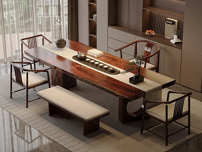 Modern Chinese Style Tea Room With Wooden Table And Traditional Furniture 3d model