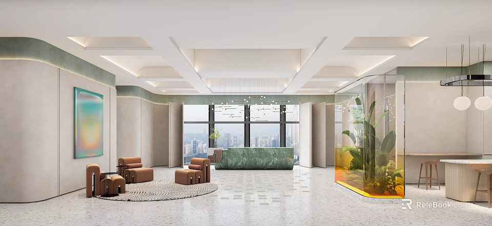 Modern Hotel Lobby With Large Windows City View Green Reception Desk Brown Sofas And Plants 3d model 