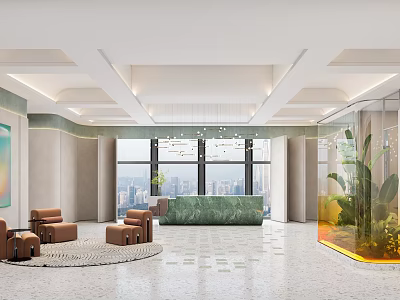 Modern Hotel Lobby With Large Windows City View Green Reception Desk Brown Sofas And Plants 3d model