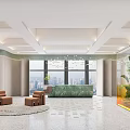 Modern Hotel Lobby With Large Windows City View Green Reception Desk Brown Sofas And Plants