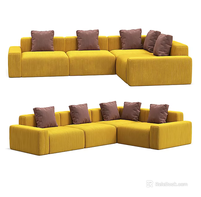 Modern Yellow L Shaped Sectional Sofa With Multiple Brown Decorative Pillows 3d model