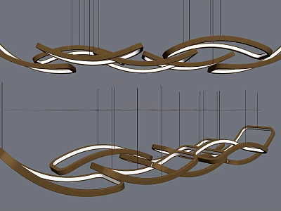 Modern Streamlined Curved Metal Chandelier With Warm Brown Frame And White LED Lighting Design 3d model
