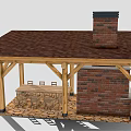 Rustic Wooden Gazebo With Brick Chimney Wooden Beams And Outdoor Dining Table And Chairs