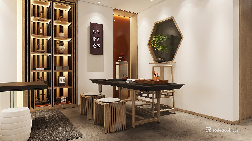 Traditional Teahouse Interior With Wooden Shelves Tea Table Stools Green Plant And Calligraphy Art 3d model 