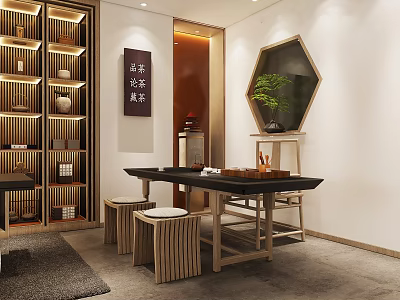 Traditional Teahouse Interior With Wooden Shelves Tea Table Stools Green Plant And Calligraphy Art 3d model