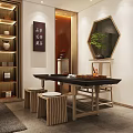 Traditional Teahouse Interior With Wooden Shelves Tea Table Stools Green Plant And Calligraphy Art