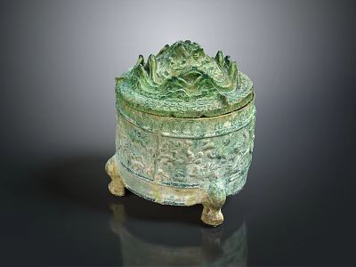 Ancient Chinese Bronze Ware Container With Ornate Lid And Three Legs 3d model