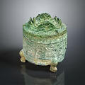 Ancient Chinese Bronze Ware Container With Ornate Lid And Three Legs