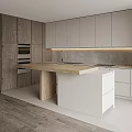 Modern Kitchen With Gray Cabinets Wooden Island Counter And Under Cabinet Lighting