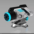 Sci Fi Mechanical Weapon With White Blue Black Color Scheme Rotating Turbine And Stable Base
