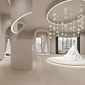 Elegant Bridal Shop Interior with Displayed Wedding Dresses Central Stand and Arched Designs