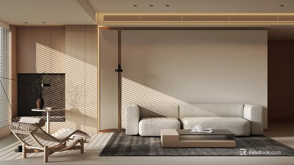 Modern Living Room Interior With Wooden Sofa Coffee Table And Sunlight 3d model 