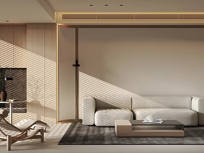 Modern Living Room Interior With Wooden Sofa Coffee Table And Sunlight 3d model