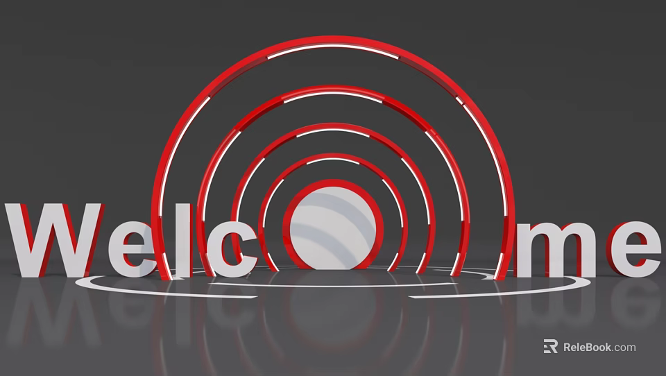 Modern Welcome Display With Red Circular Rings And White Center Text 3d model 