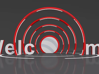 Modern Welcome Display With Red Circular Rings And White Center Text 3d model