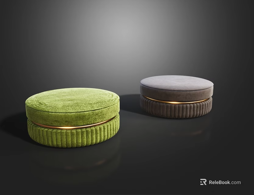 Round Green and Gray Velvet Ottoman with Gold Trim for Modern Living Room 3d model 