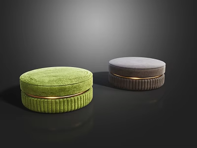 Round Green and Gray Velvet Ottoman with Gold Trim for Modern Living Room 3d model
