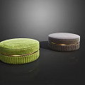 Round Green and Gray Velvet Ottoman with Gold Trim for Modern Living Room