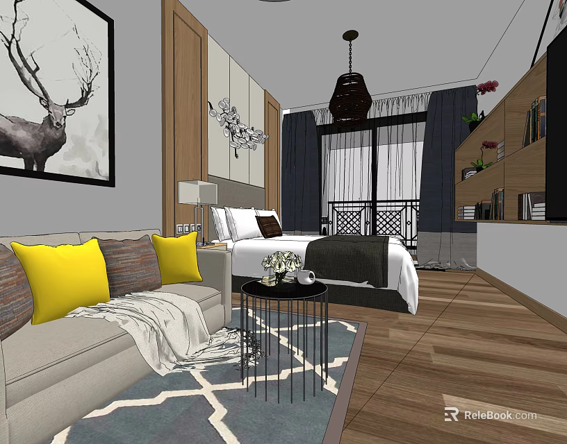 Hotel Room Interior With Sofa Yellow Throw Pillows Bed Deer Painting Chandelier And Wooden Flooring 3d model 