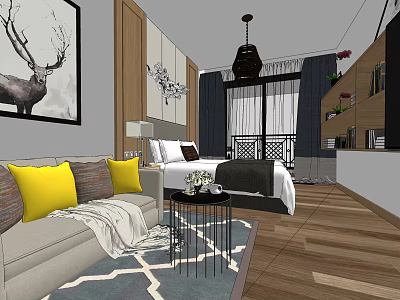 Hotel Room Interior With Sofa Yellow Throw Pillows Bed Deer Painting Chandelier And Wooden Flooring 3d model