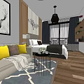 Hotel Room Interior With Sofa Yellow Throw Pillows Bed Deer Painting Chandelier And Wooden Flooring