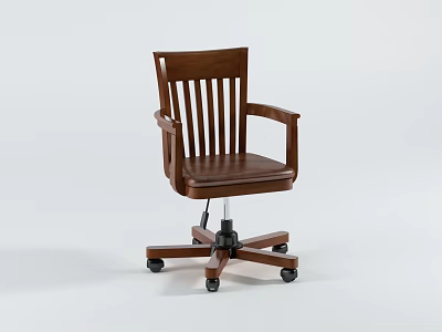 Classic Wooden Office Chair With Slatted Backrest Armrests Leather Seat And Five Wheel Base 3d model