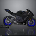 Black and Blue Sport Motorcycle with Sleek Design Blue Wheels Exhaust and Stand
