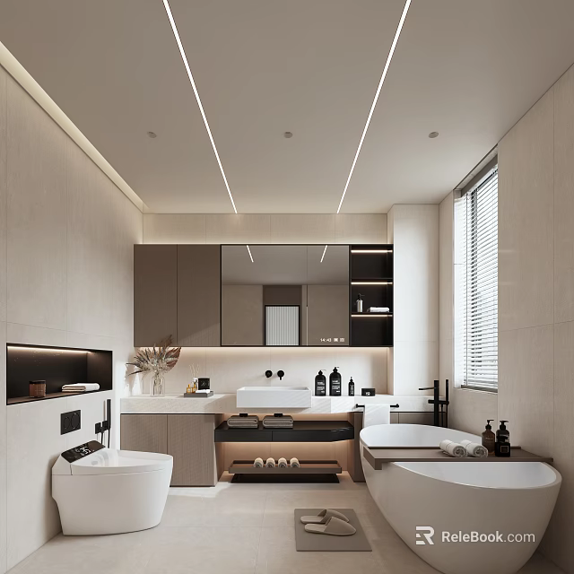 Modern Bathroom Interior Design With Vanity Bathtub Mirror Cabinet And Lighting 3d model 