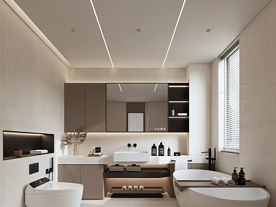 Modern Bathroom Interior Design With Vanity Bathtub Mirror Cabinet And Lighting 3d model