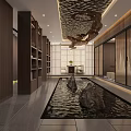 Oriental Style Clubhouse Interior Design With Water Pond Stones Wooden Screens And Carved Ceiling