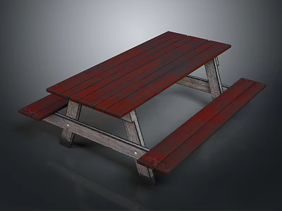 Outdoor Picnic Table With Red Wooden Tabletop Attached Benches And Metal Legs 3d model