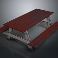 Outdoor Picnic Table With Red Wooden Tabletop Attached Benches And Metal Legs