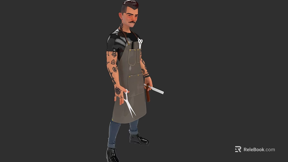 Tattooed Man Wearing Gray Apron Standing With Scissors And Tongs 3d model 