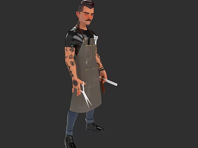 Tattooed Man Wearing Gray Apron Standing With Scissors And Tongs 3d model
