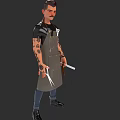 Tattooed Man Wearing Gray Apron Standing With Scissors And Tongs
