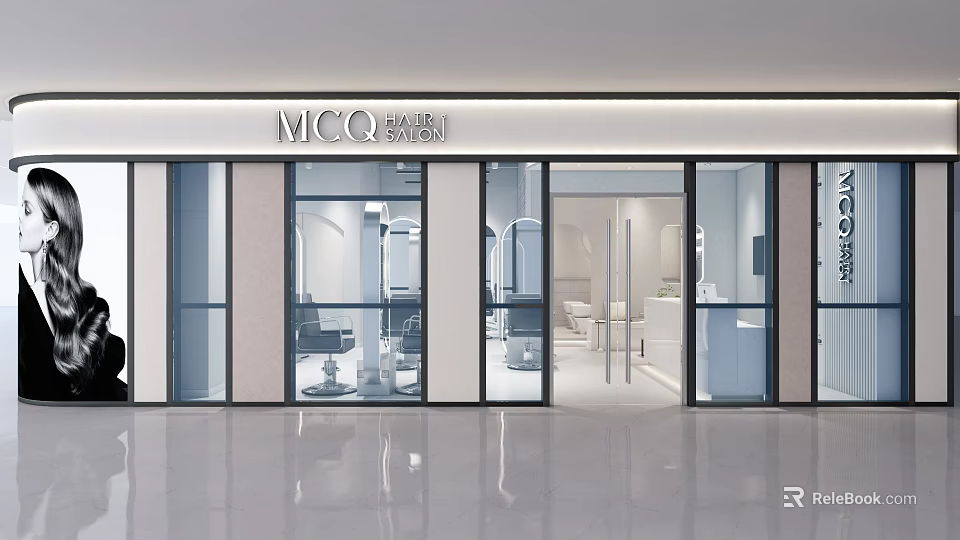 Modern MCQ Hair Salon Exterior With Glass Facade And Styling Chairs 3d model 