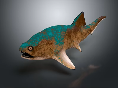 Shark with brown and turquoise body open mouth sharp teeth grey background 3d model