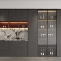 Modern Wine Cabinet Design With Glass Doors Lighting Marble Backsplash And Wine Bottles