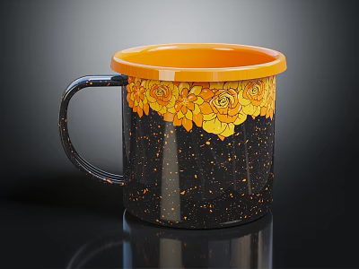 Black Decorative Furniture With Orange Rim Yellow Floral Pattern And Speckles 3d model