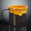 Black Decorative Furniture With Orange Rim Yellow Floral Pattern And Speckles
