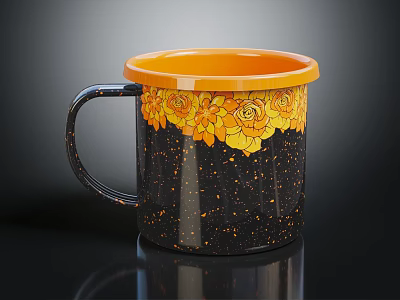 Black Decorative Furniture With Orange Rim Yellow Floral Pattern And Speckles 3d model
