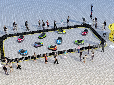Amusement Park With Colorful Bumper Cars In Fenced Area And People Enjoying 3d model